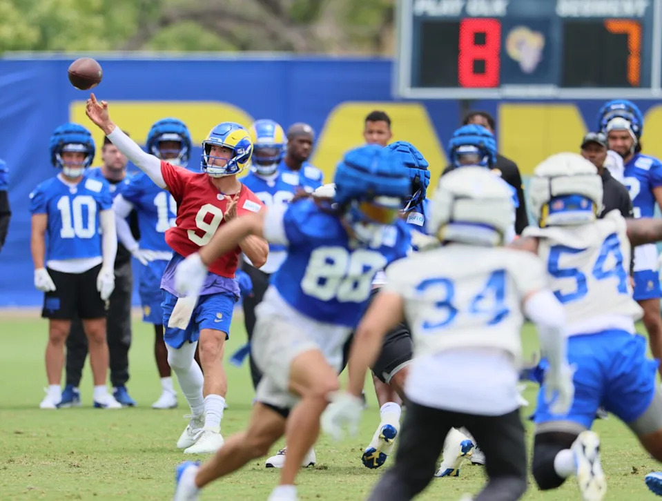 Rams quarterback Matthew Stafford passes during organized team activities on June 3.