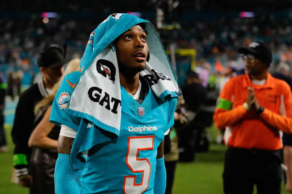 Miami Dolphins cornerback Jalen Ramsey (5) looks on as he walks toward the locker room against the Tennessee Titans during halftime at Hard Rock Stadium.Sam Navarro-Imagn Images