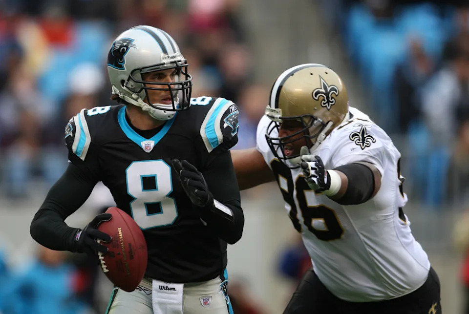 Nov 25, 2007, Carolina Panthers quarterback David Carr (8) is sacked by New Orleans Saints defensive tackle Antwan Lake (96). Mandatory Credit: Bob Donnan-Imagn Images