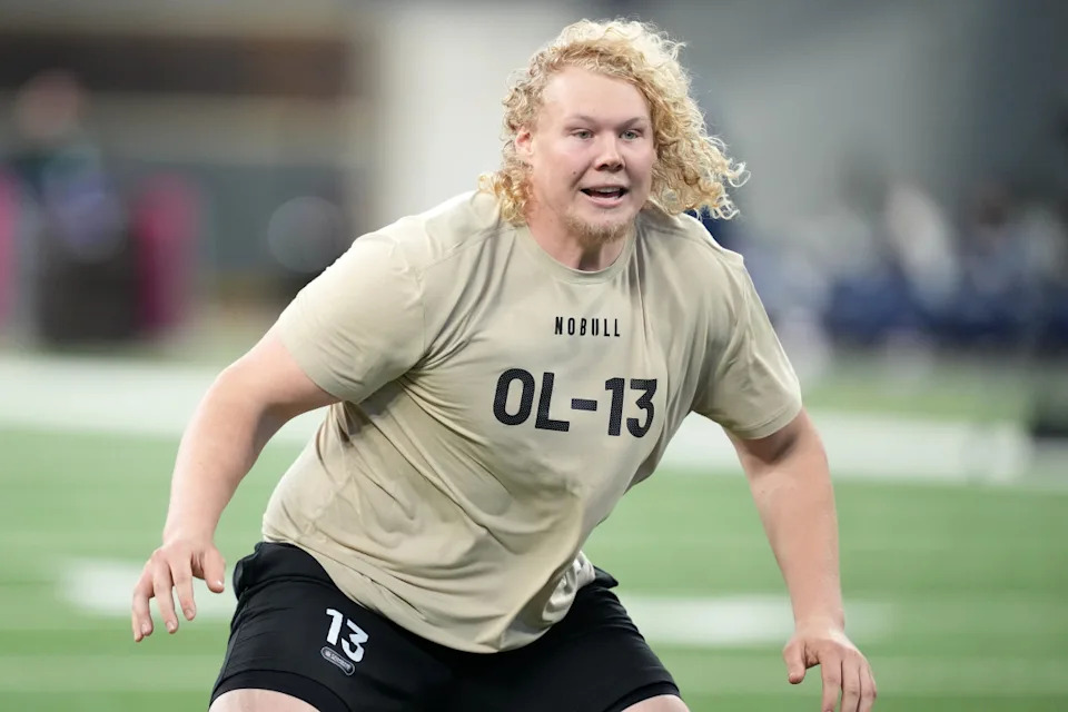 Wyoming offensive lineman Frank Crum (OL13) during the 2024 NFL Combine at Lucas Oil Stadium.Kirby Lee-Imagn Images