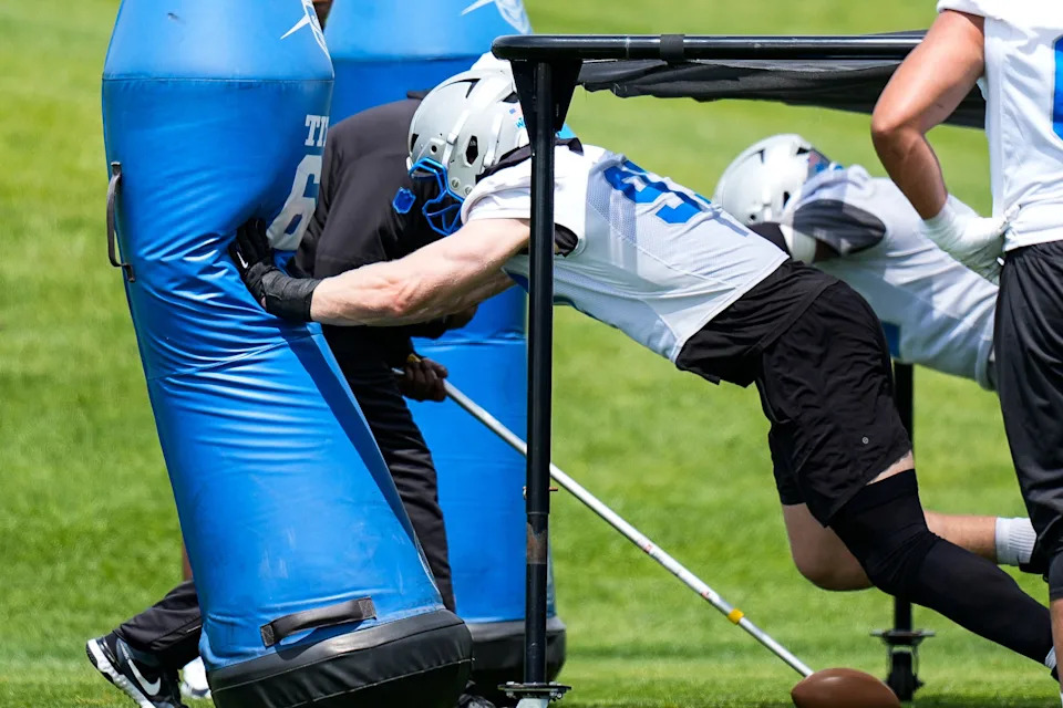 Detroit Lions defensive end Aidan Hutchinson practices during OTAs at Meijer Performance Center in Allen Park on Friday, May 30, 2025.