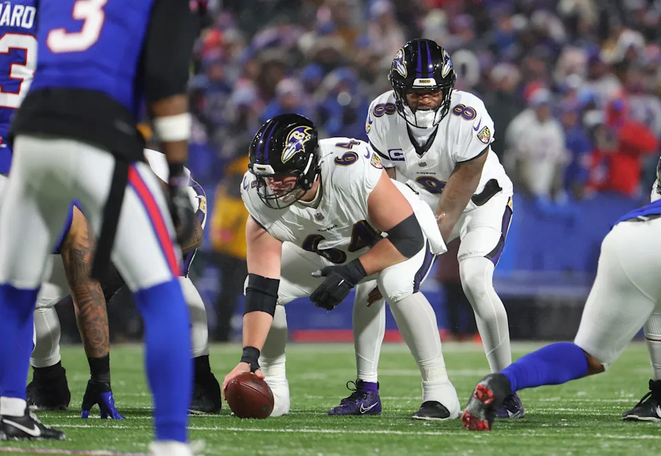 ORCHARD PARK, NEW YORK - JANUARY 19: Tyler Linderbaum #64 of the Baltimore Ravens waits to snap the ball to Lamar Jackson #8 of the Baltimore Ravens against the Buffalo Bills during the AFC divisional round game at Highmark Stadium on January 19, 2025 in Orchard Park, New York. (Photo by Timothy T Ludwig/Getty Images)