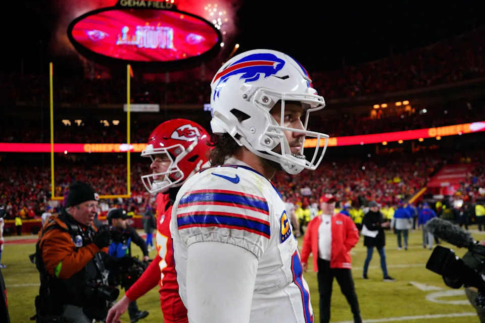 Buffalo Bills quarterback Josh Allen reacts to the Kansas City Chiefs' AFC Championship Game win.Denny Medley-Imagn Images