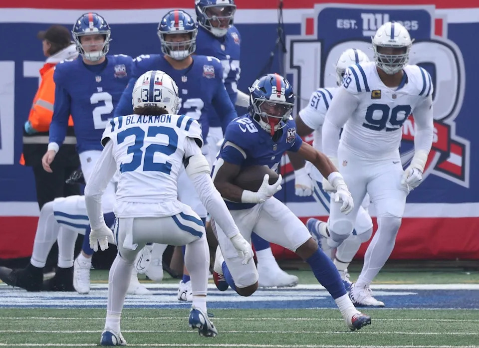 Giants running back Tyrone Tracy Jr. (29) runs the ball as Indianapolis Colts safety Julian Blackmon (32) defends during the first half when the New York Giants played the Indianapolis Colts Sunday, December 29, 2024 at MetLife Stadium in East Rutherford, NJ. Robert Sabo for NY Post