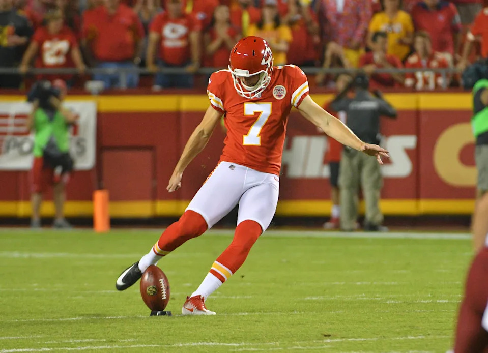 Oct 2, 2017; Kansas City, MO, USA; Kansas City Chiefs kicker Harrison Butker (7) kicks the opening kickoff during the first half against the Washington Redskins at Arrowhead Stadium. Mandatory Credit: Denny Medley-USA TODAY Sports