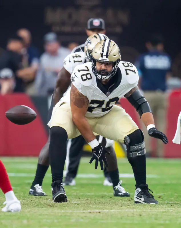 Aug 10, 2024; New Orleans Saints center Erik McCoy (78) snaps the ball against the Arizona Cardinals. Mandatory Credit: Mark J. Rebilas-Imagn Images