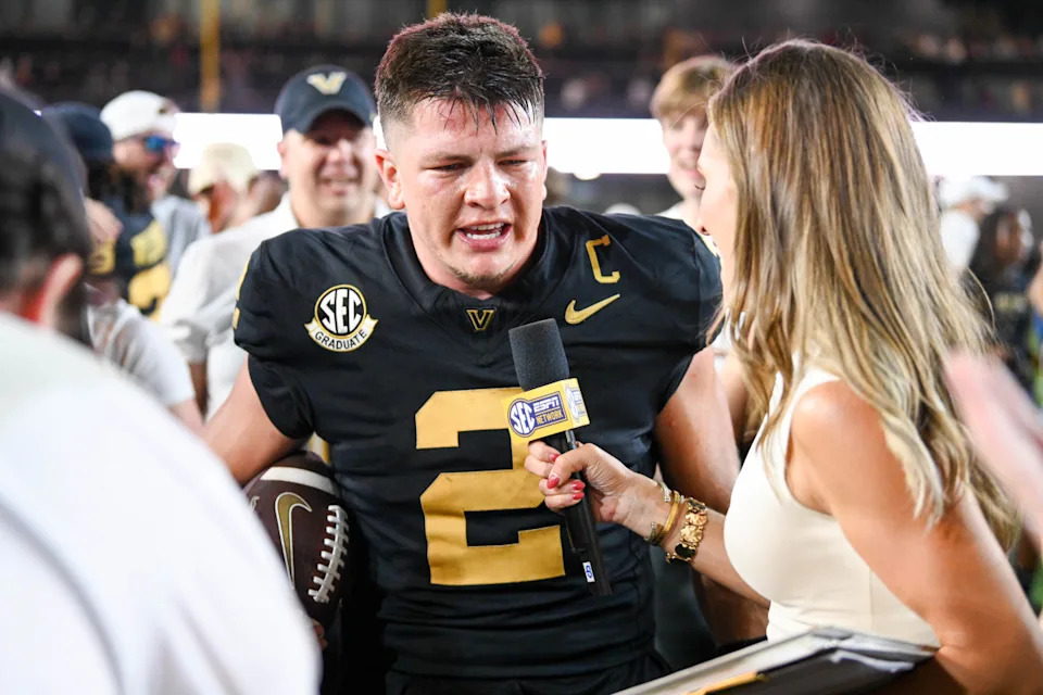 NASHVILLE, TENNESSEE - OCTOBER 5: Diego Pavia #2 of the Vanderbilt Commodores speaks to the SEC Network after the win against the Alabama Crimson Tide at FirstBank Stadium on October 5, 2024 in Nashville, Tennessee. (Photo by Carly Mackler/Getty Images)Carly Mackler&sol;Getty Images