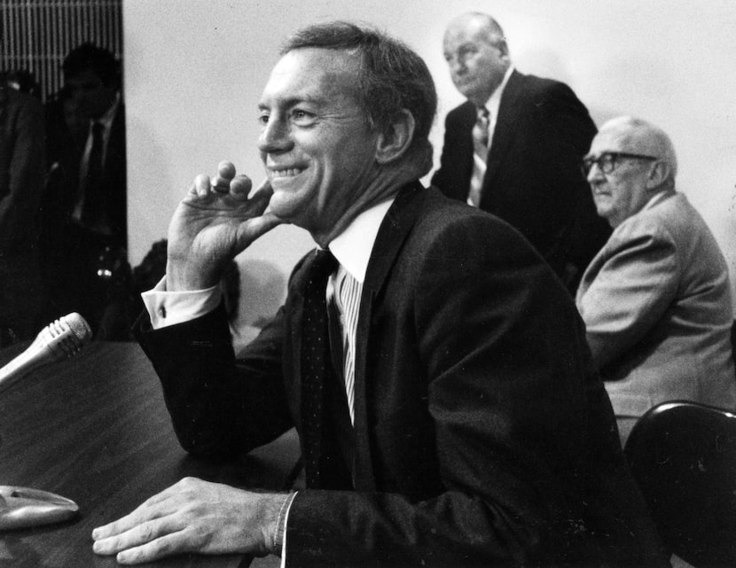 Jerry Jones takes a question during a 1989 press conference at Valley Ranch announcing him...