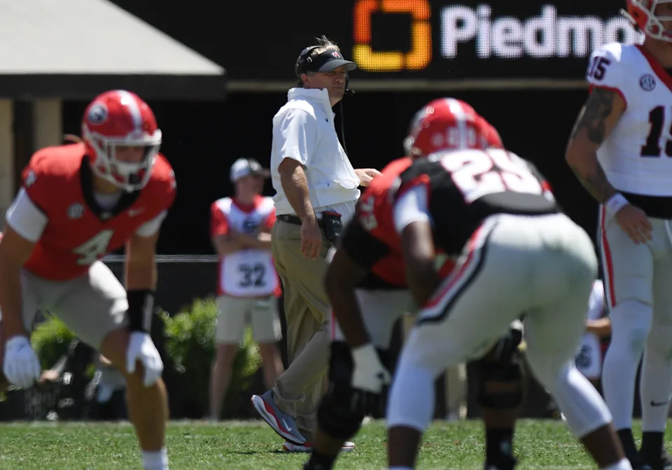 Athens, GA - APRIL 13: Georgia Bulldogs Head Coach Kirby Smart watches the action during the G-Day Red and Black Spring Game on April 13, 2024, Sanford Stadium in Athens, GA. (Photo by Jeffrey Vest/Icon Sportswire via Getty Images)