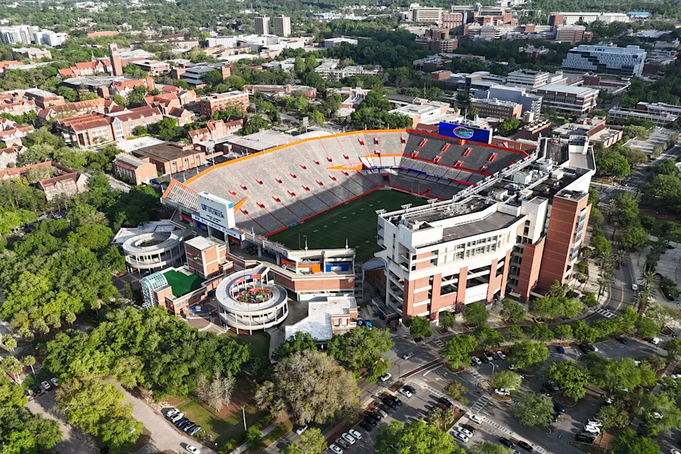 Apr 5, 2025; Gainesville, FL, USA; A general overall aerial view of Ben Hill Griffin Stadium on the campus of the University of Florida. Mandatory Credit: Kirby Lee-Imagn Images