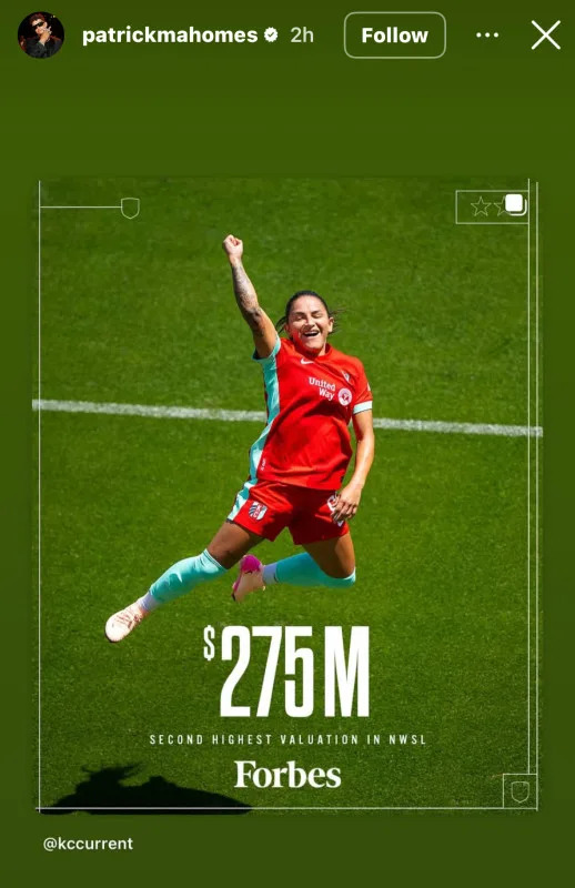 Patrick Mahomes reacts to Forbes' valuation of the Kansas City Current.Patrickmahomes/IG