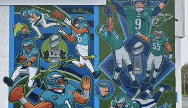 Eagles Super Bowl LIX mural painted on a wall in Northeast Philadelphia