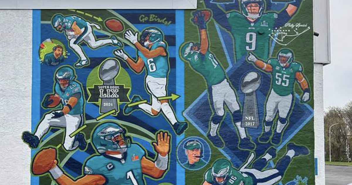 Eagles Super Bowl LIX mural painted on a wall in Northeast Philadelphia