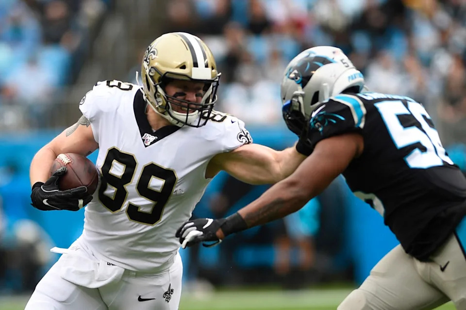 Dec 29, 2019; New Orleans Saints tight end Josh Hill (89) runs after a reception against the Carolina Panthers. Mandatory Credit: Bob Donnan-Imagn Images