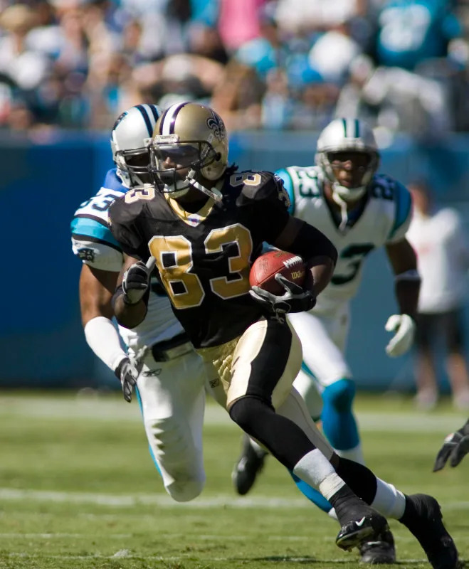September 11, 2005; New Orleans Saints wideout Donte Stallworth (83) after a reception against the Carolina Panthers. Mandatory Credit: Bob Donnan-Imagn Images Copyright © 2005 Bob Donnan
