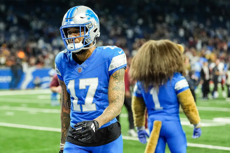Detroit Lions wide receiver Tim Patrick (17) walks off the field after 45-31 loss to Washington Commanders at the NFC divisional round at Ford Field in Detroit on Saturday, Jan. 18, 2025.