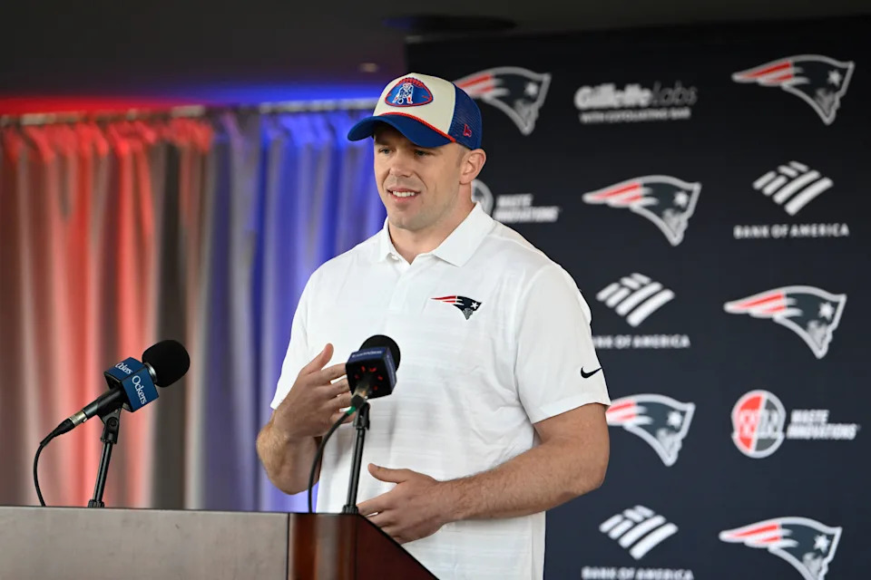 Mar 13, 2025; Foxborough, MA, USA; New England Patriots linebacker Robert Spillane discusses his recent free agent addition to the Patriots with the media at Gillette Stadium. Mandatory Credit: Eric Canha-Imagn Images
