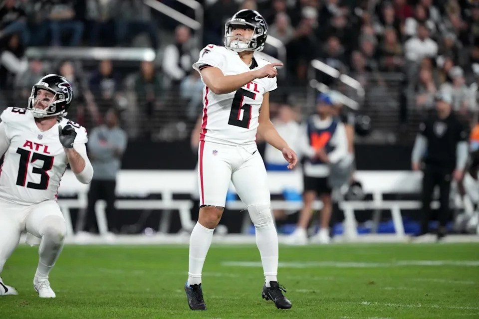 Falcons kicker Younghoe Koo attempts a field goal against the Las Vegas Raiders. Kirby Lee-Imagn Images