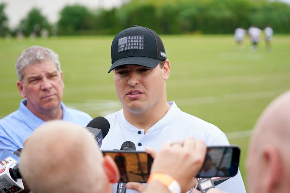 Cincinnati Bengals defensive end Trey Hendrickson at a May press conference in Downtown Cincinnati.