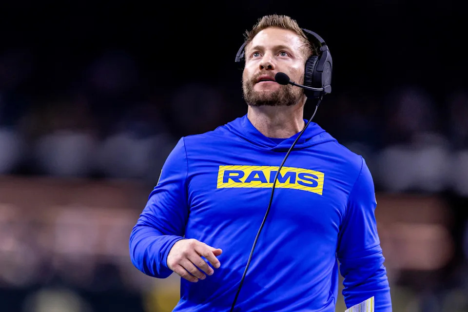 Los Angeles Rams head coach Sean McVay looks on.Stephen Lew-Imagn Images