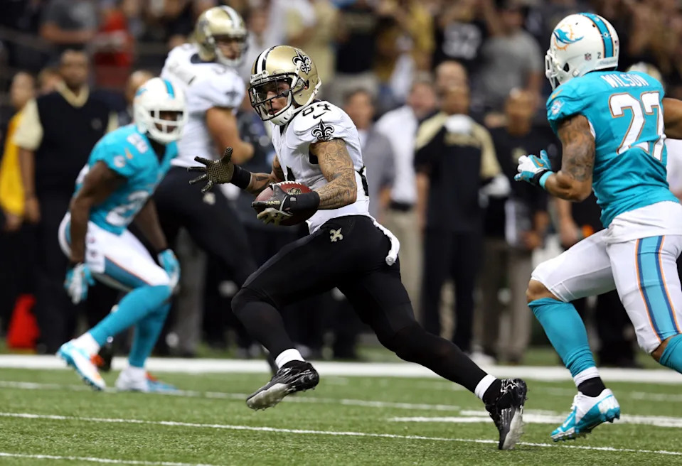 Sep 30, 2013; New Orleans Saints wide receiver Kenny Stills (84) runs after a catch against the Miami Dolphins. Mandatory Credit: Chuck Cook-Imagn Images