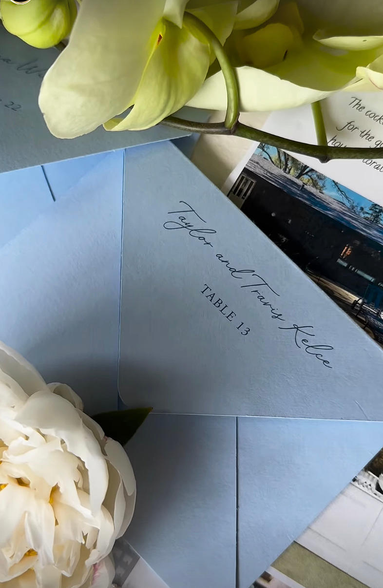 An event planner posted a letter addressed to “Taylor and Travis Kelce” from Chicago Bears player Cole Kmet’s wedding. elliestyled/Instagram