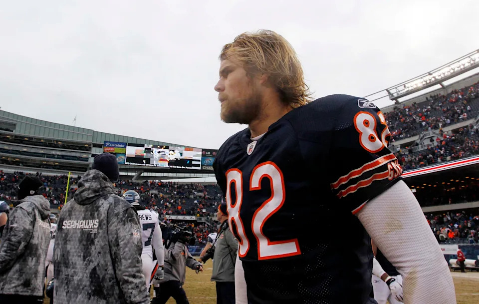 Jan 16, 2011; Chicago, IL, USA; Chicago Bears tight end Greg Olsen (82) after the 2011 NFC divisional playoff game against the Seattle Seahawks at Soldier Field. Mandatory Credit: Mike DiNovo-USA TODAY Sports