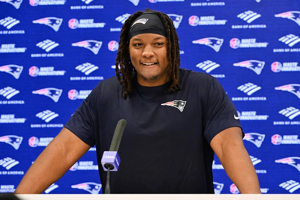 New England Patriots center Jared Wilson (58) speaks to the media after rookie camp at Gillette Stadium.Eric Canha-Imagn Images