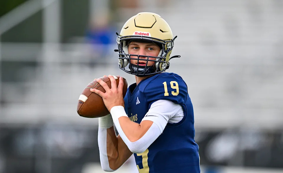 Tri-West Hendricks High School sophomore Jackson Sorgi (19) warms up on the field before the start of an IHSAA varsity football game against Western Boone High School, Friday, Sept. 13, 2024, at Tri-West Hendricks High School.