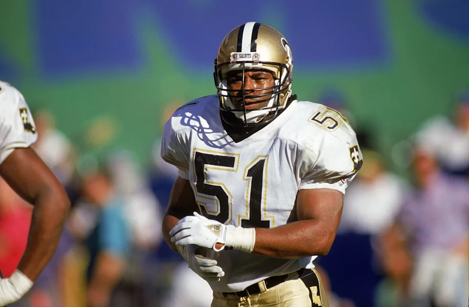 ANAHEIM, CA - DECEMBER 9: Linebacker Sam Mills #51 of the New Orleans Saints stands on the field during an NFL game on December 9, 1990 against the Los Angeles Rams at Anaheim Stadium in Anaheim, California. The Saints defeated the Rams 24-21. (Photo by Stephen Dunn/Getty Images)