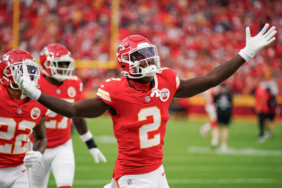 Sep 5, 2024; Kansas City, Missouri, USA; Kansas City Chiefs cornerback Joshua Williams (2) runs on field against the Baltimore Ravens prior to a game at GEHA Field at Arrowhead Stadium. Mandatory Credit: Denny Medley-Imagn Images