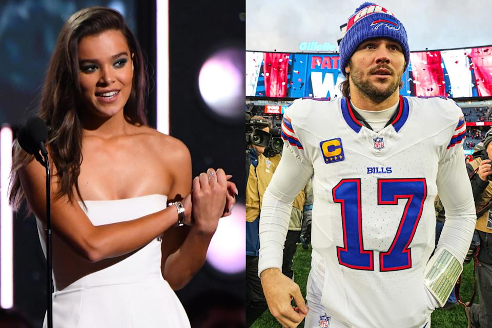 Singer/actress Hailee Steinfeld and her fiancee, Buffalo Bills QB Josh Allen.Left photo: Robert Deutsch-Imagn Images; Right photo: David Butler II-Imagn Images