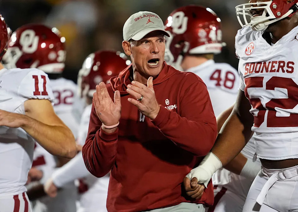 Nov 9, 2024; Columbia, Missouri, USA; Oklahoma Sooners head coach Brent Venables reacts prior to a game against the Missouri Tigers at Faurot Field at Memorial Stadium. Mandatory Credit: Jay Biggerstaff-Imagn Images