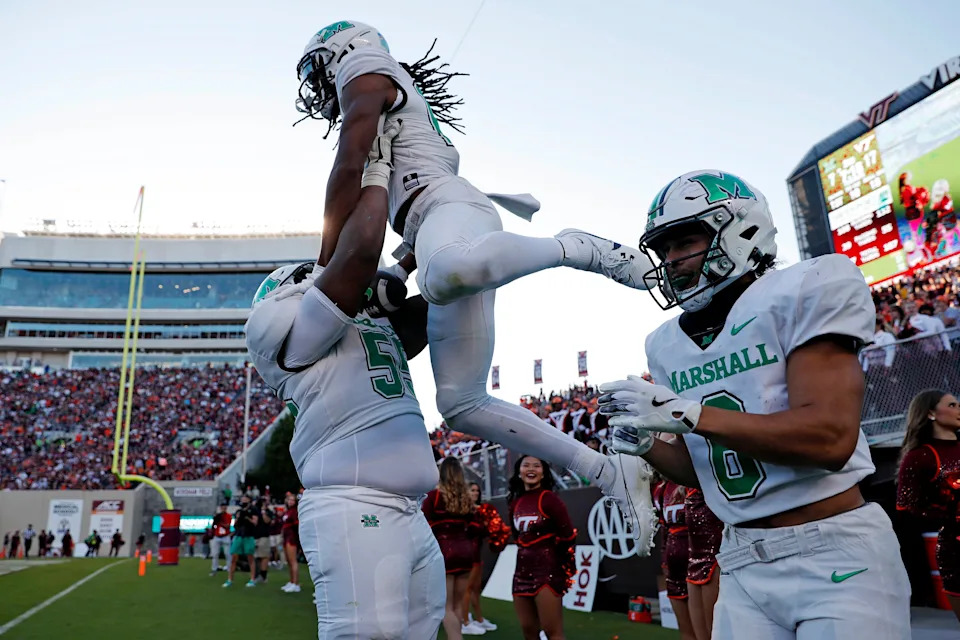 Marshall Thundering Herd wide receiver Christian Fitzpatrick celebrates a