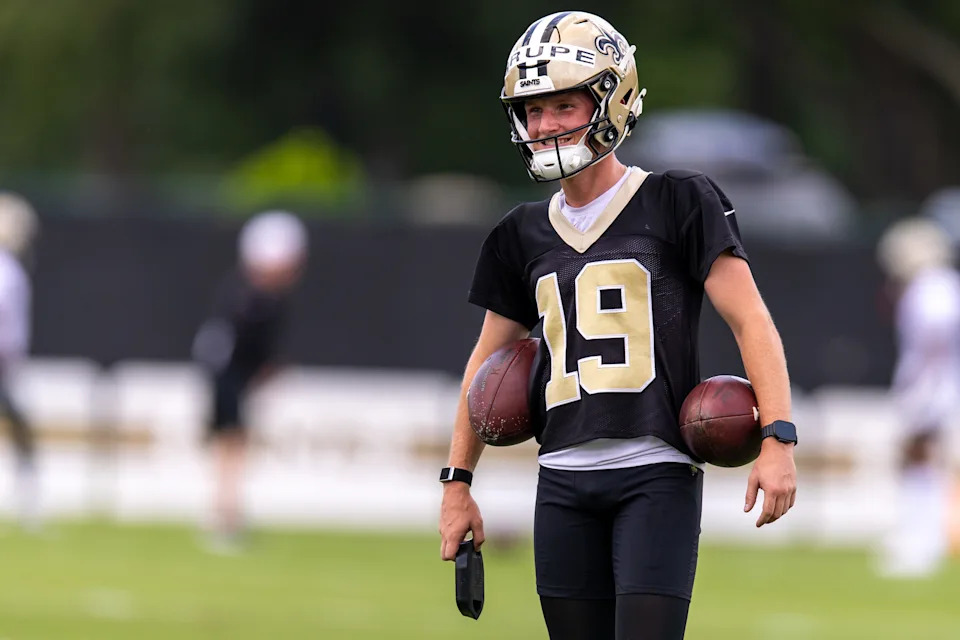 Jun 10, 2025; New Orleans, LA, USA; New Orleans Saints place kicker Blake Grupe (19) looks on during minicamp at Ochsner Sports Performance Center. Mandatory Credit: Stephen Lew-Imagn Images