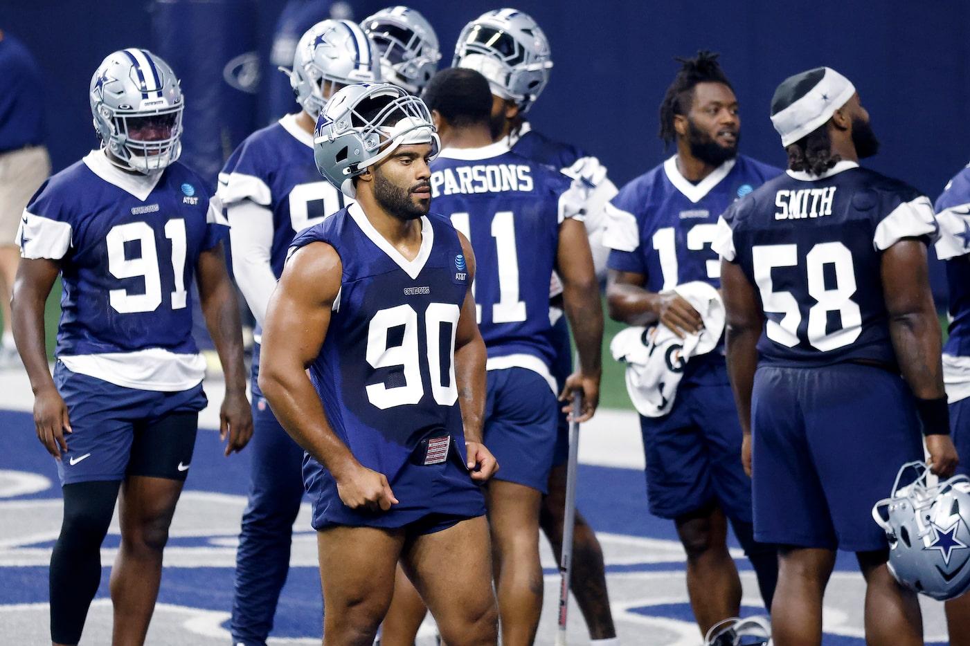 Dallas Cowboys defensive tackle Solomon Thomas (90) and the defense take a breather...