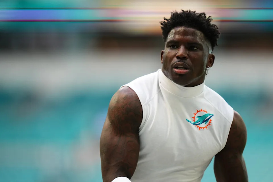 Tyreek Hill of the Miami Dolphins warms up prior to a game against the Las Vegas Raiders at Hard Rock Stadium on November 17, 2024.<p>Rich Storry&sol;Getty Images</p>