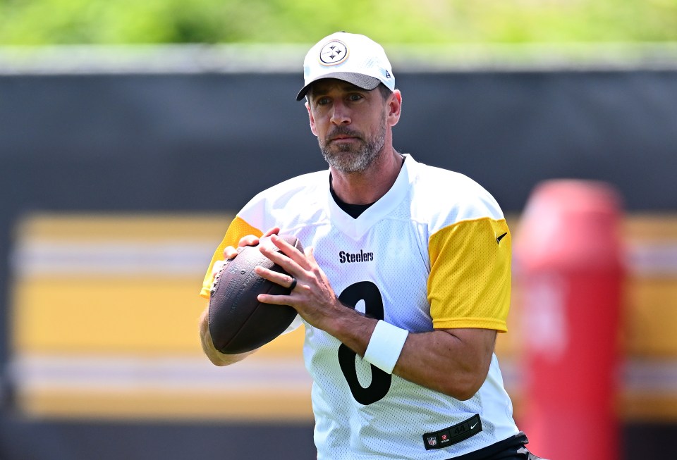 Aaron Rodgers, wearing a Pittsburgh Steelers jersey, prepares to throw a football.