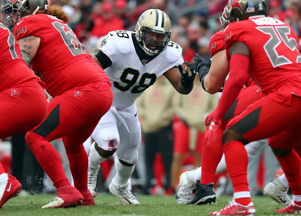 Nov 17, 2019; New Orleans Saints defensive tackle Sheldon Rankins (98) rushes against the Tampa Bay Buccaneers. Mandatory Credit: Kim Klement-Imagn Images