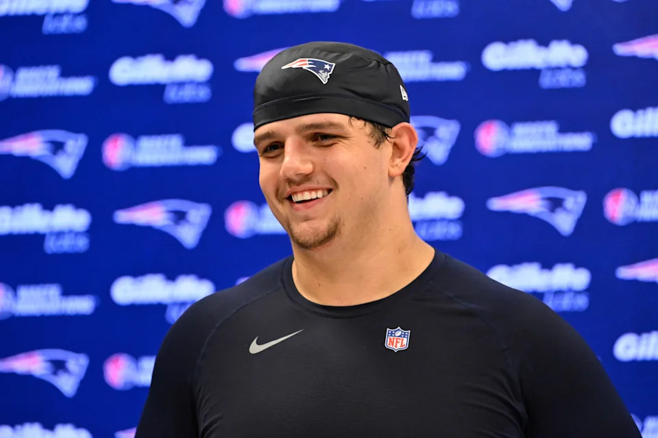 New England Patriots offensive tackle Will Campbell (66) speaks to the media after rookie camp at Gillette Stadium.Eric Canha-Imagn Images