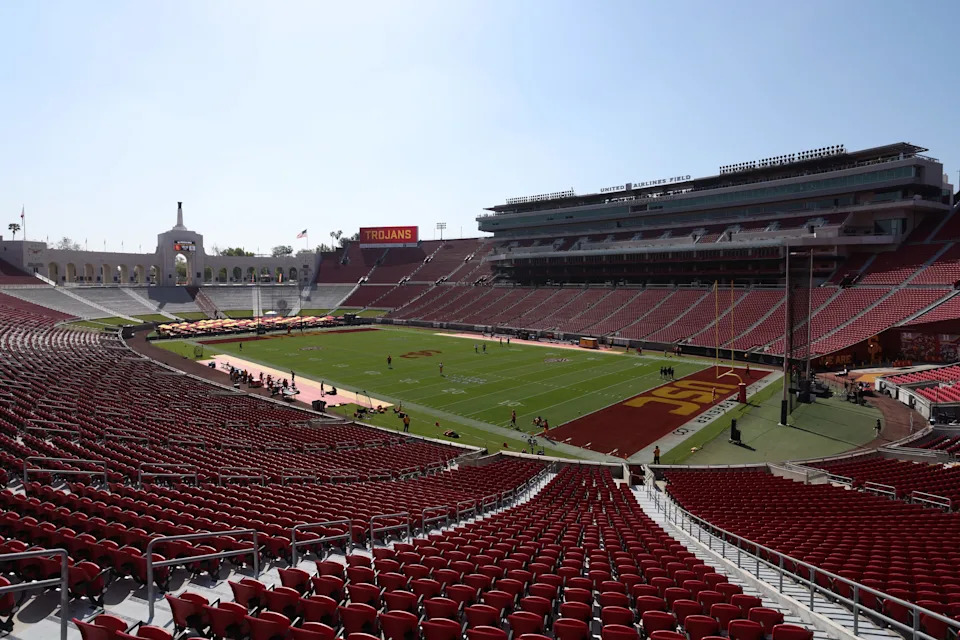 Apr 15, 2023; Los Angeles, CA, USA; A general view of the Los Angeles Memorial Coliseum before the USC Trojans Spring Game . Mandatory Credit: Kiyoshi Mio-USA TODAY Sports