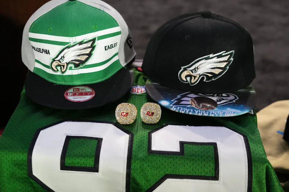 Philadelphia Eagles counterfeit merchandise at an anti-counterfeiting press conference at the Phoenix Convention Center.