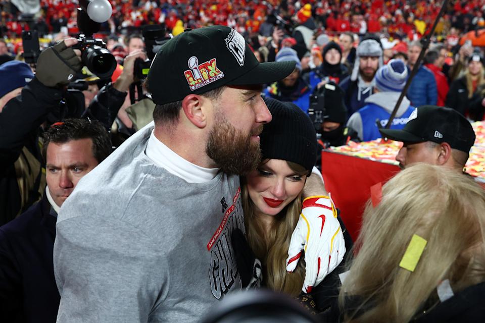 Taylor Swift and Kansas City Chiefs tight end Travis Kelce celebrate another trip to the Super Bowl.Mark J. Rebilas-Imagn Images