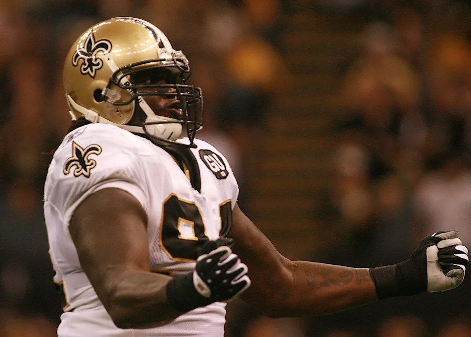 September 7, 2008; New Orleans, LA, USA; New Orleans Saints defensive end Charles Grant (94) celebrates sacking Tampa Bay Buccaneers quarterback Jeff Garcia (not pictured) during the first half at the Louisiana Superdome in New Orleans. New Orleans defeated Tampa Bay 24-20. Mandatory Credit: Crystal LoGiudice-USA TODAY Sports