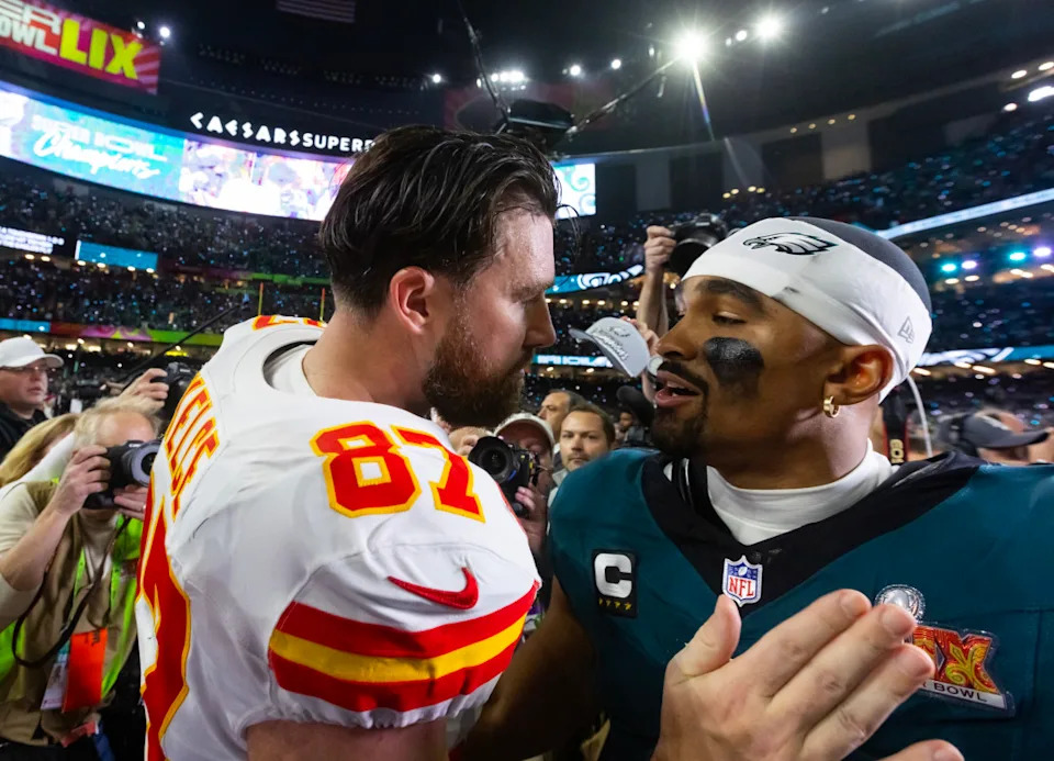 Kelce (L) and Jalen Hurts at Super Bowl LIX. © Mark J&period; Rebilas-Imagn Images