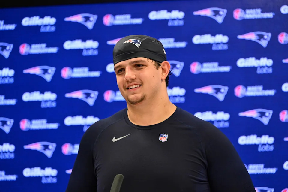 New England Patriots offensive tackle Will Campbell (66) speaks to the media after rookie camp at Gillette Stadium.Eric Canha-Imagn Images