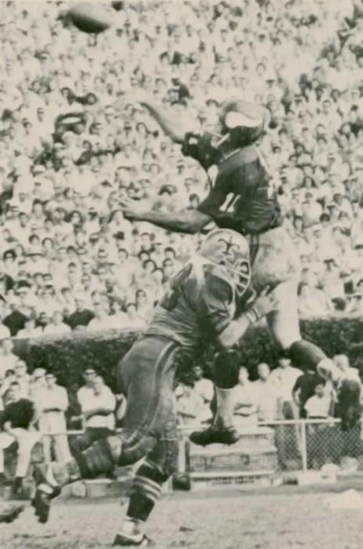 Oct. 13, 1968; New Orleans Saints defensive lineman Lou Cordileone (79) hits Minnesota Vikings quarterback Joe Kapp (11). Credit: neworleanssaintshistory.com 