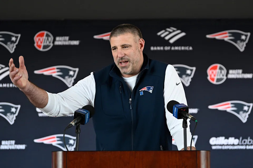 New England Patriots head coach Mike Vrabel discusses the team's recent free agent additions with the media at Gillette Stadium.Eric Canha-Imagn Images