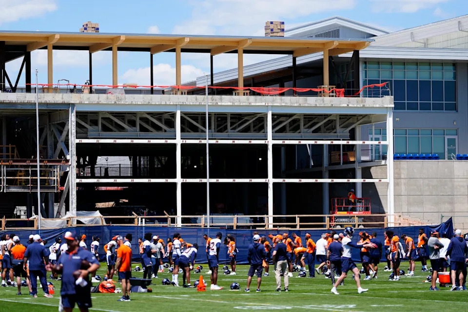 General view of construction of a new Denver Broncos training faciality during minicamp at Broncos Park Powered by CommonSpirit.Ron Chenoy-Imagn Images