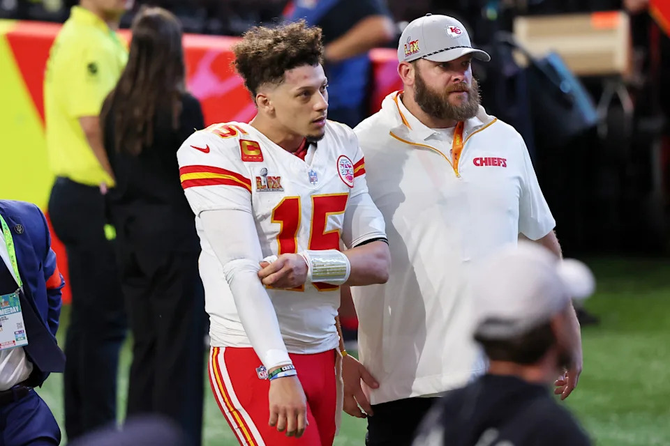 Feb 9, 2025; New Orleans, LA, USA; Kansas City Chiefs quarterback Patrick Mahomes (15) walks off the field after losing against the Philadelphia Eagles in Super Bowl LIX at Caesars Superdome. Mandatory Credit: Bill Streicher-Imagn Images